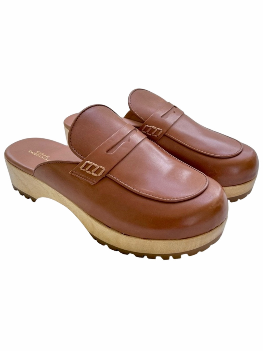 Sarah Chofakian Size 40/US 10* Cognac Brown Clog Heel Mules Wooden Soles NEW